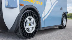 Goodyear non-pneumatic tires on a Local Motors Olli shuttle. Goodyear non-pneumatic tires on a Local Motors Olli shuttle.