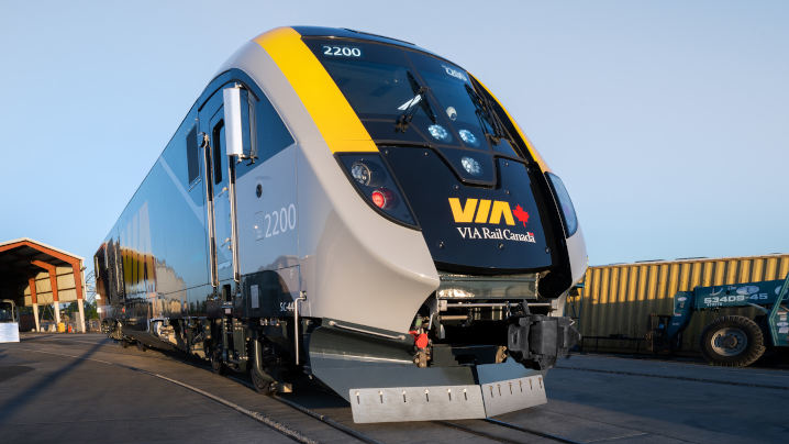 One of VIA Rail Canada's new locomotives delivered as part of the rail service's fleet renewal program.