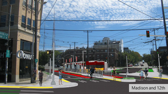 A rendering of the future RapidRide G Line at Madison and 12th in Seattle.