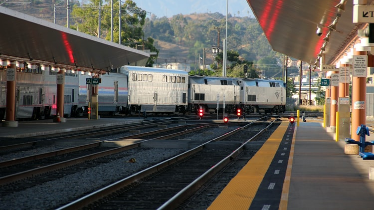 An Amtrak train bound for Chicago departs Los Angeles Union Station.