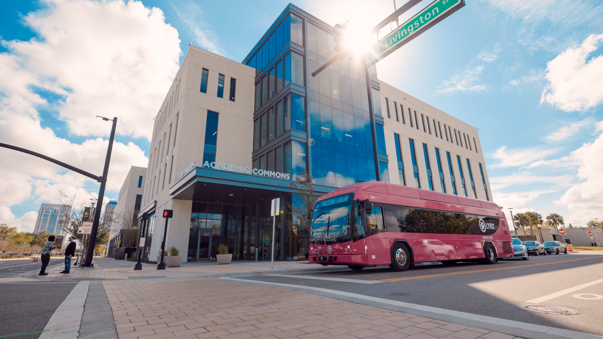 A LYNX bus waiting for a light at UCF's Dr. Phillips Academic Commons in downtown Orlando. Photo taken prior to COVID-19.