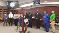 Valerie Ragland, CAT interim CEO, at podium, joins Chatham County and city of Savannah, Ga., officials in announcing a joint effort to incentive employee COVID-19 vaccination. Valerie Ragland, CAT interim CEO, at podium, joins Chatham County and city of Savannah, Ga., officials in announcing a joint effort to incentive employee COVID-19 vaccination.