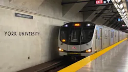 A subway train arrives at York University. A subway train arrives at York University.