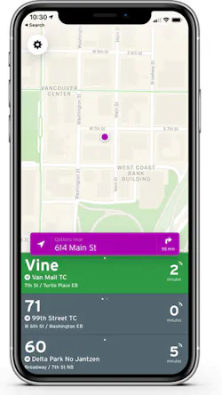 A screen capture of the Transit app C-TRAN riders can now use to access real-time information. A screen capture of the Transit app C-TRAN riders can now use to access real-time information.