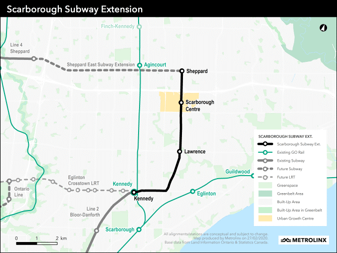 A map showing the route of the 7.8-kilometer (4.85-mile) Scarborough Subway Extension; one of four priority transit projects of the province.