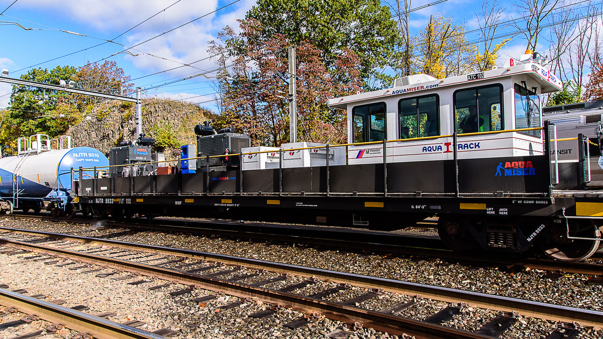 NJ Transit uses two AquaTrack machines to blast crushed leaf residue off the track during slippery rail season.