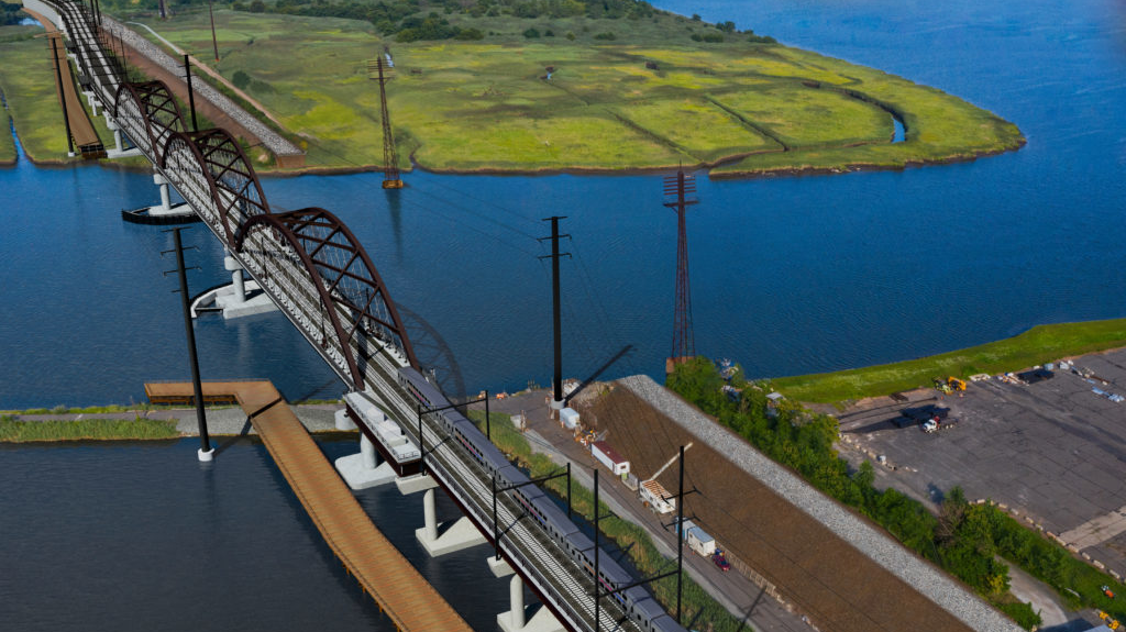 A rendering of the new Portal Bridge, which will be built higher above the water to reduce conflicts with marine traffic and improve reliability of trains across the double track bridge.