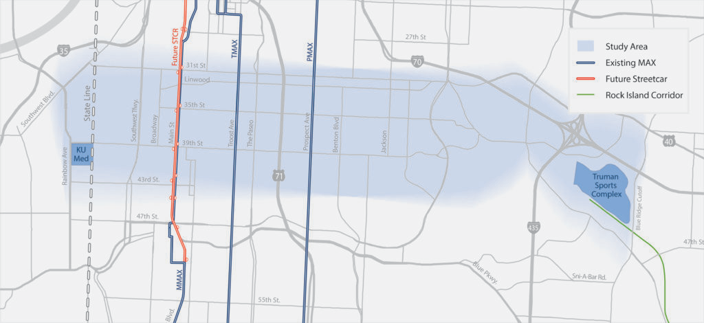 The area to be studied is shaded in blue.