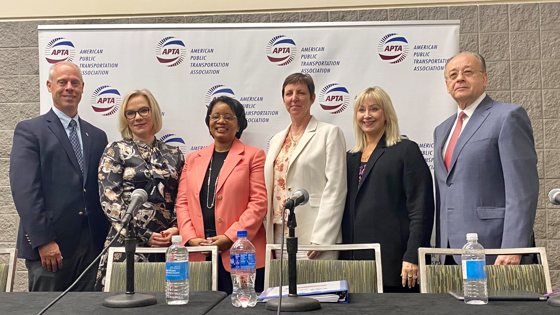 Speakers at APTA's press conference included (L-R) Jeff Nelson, APTA Chair, and CEO/Managing Director, Rock Island County Metropolitan Mass Transit District; Katharine Kelleman, CEO, Port Authority of Allegheny County; Stephanie Wiggins, CEO, Los Angeles County Metropolitan Transportation Authority; Julie Timm, CEO, Greater Richmond Transit Company; Susan Meyer, CEO, Spokane Transit Authority and APTA President and CEO Paul Skoutelas.
