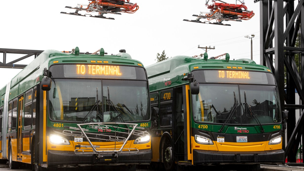 New King County Metro battery-electric coaches are seen at Metro&rsquo;s South Base in Tukwila.