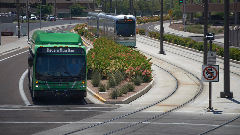 File image of bus and rail vehicles on Valley Metro's network in Phoenix, Ariz. According to USDOT, only four percent of Arizona transit vehicles are past their useful life. The BID contains funds to help transit agencies replace aging vehicles, among other transit investments.
