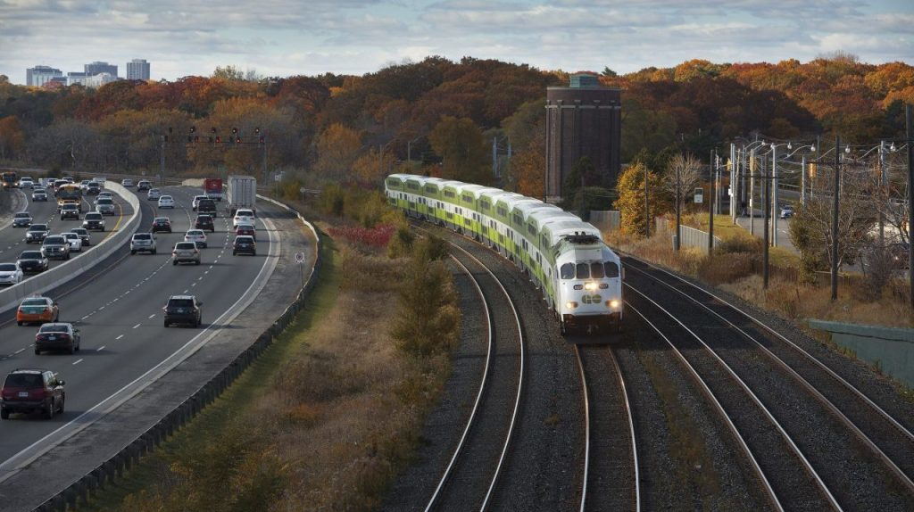 A GO train heads toward Union Station along the Lakeshore West Line.