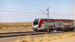 A Caltrain EMU operates under testing conditions at a facility in Pueblo, Colo. A Caltrain EMU operates under testing conditions at a facility in Pueblo, Colo.