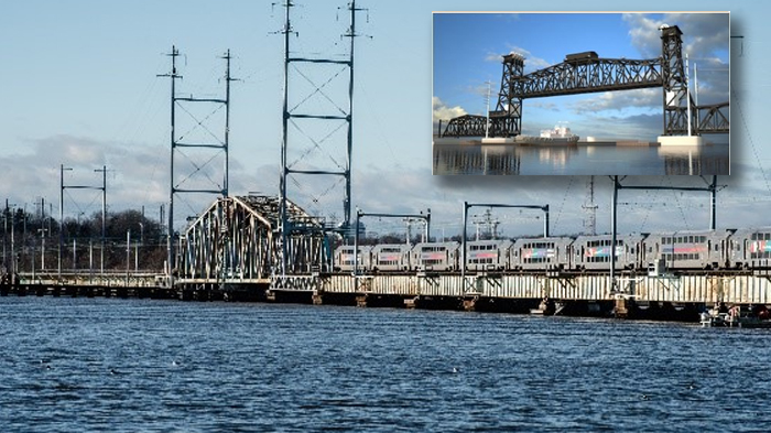 The existing Raritan River Bridge was damaged by Superstorm Sandy's surge in 2012. Inset is a rendering of the new bridge which will adjust both the horizontal and vertical alignment of the bridge.
