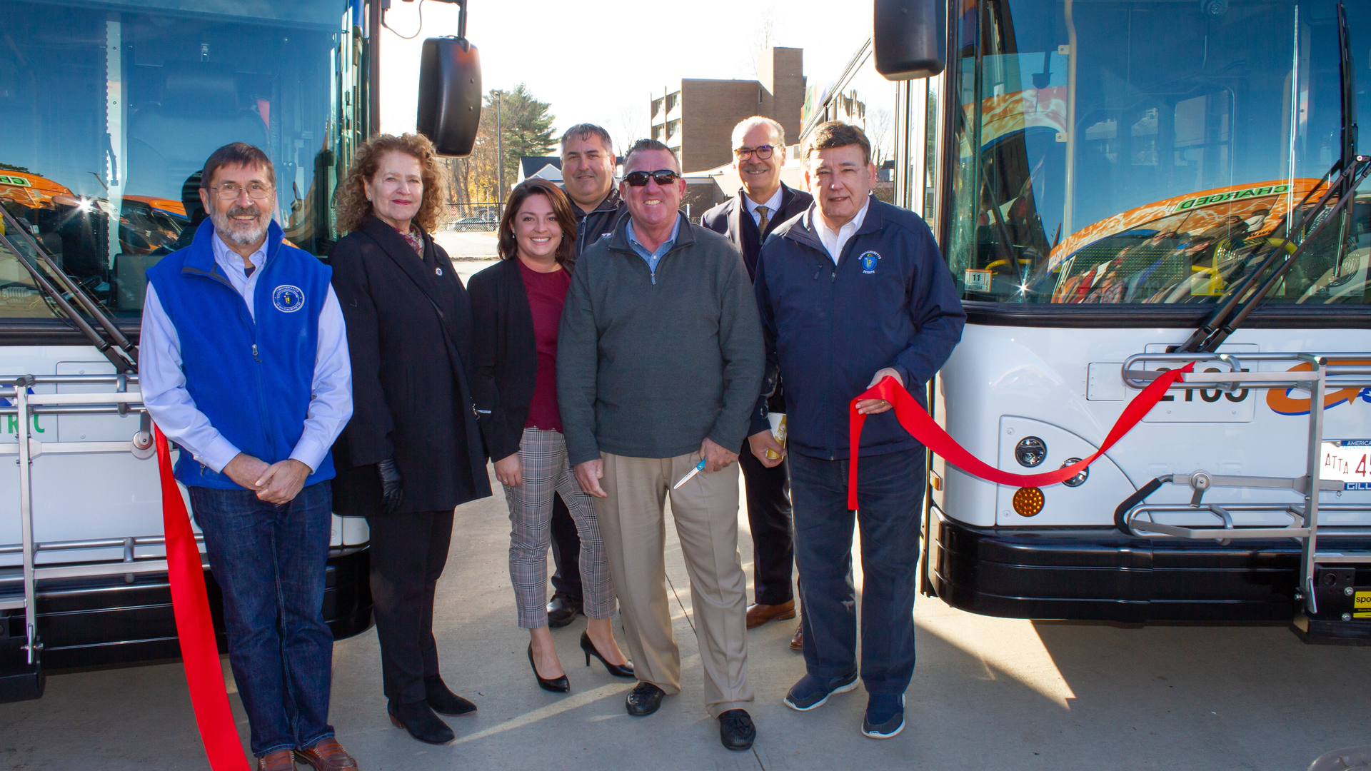 Left to right: House Rep. Jim Hawkins, House Rep. Carol Doherty, GATRA Deputy Administrator Amanda Barlow, TMLP Commissioner Peter Corr, GATRA Administrator Mark A. Sousa, Gillig Northeast Sales Rep. Jerry Sheehan and Massachusetts State Senator Marc Pacheco.