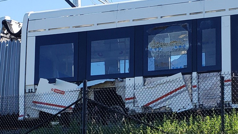 An image showing damage to an O-Train following a September 2021 derailment that TSB determined to be caused by 12 bolts that failed because they were not adequately torqued when installed during refurbishment.