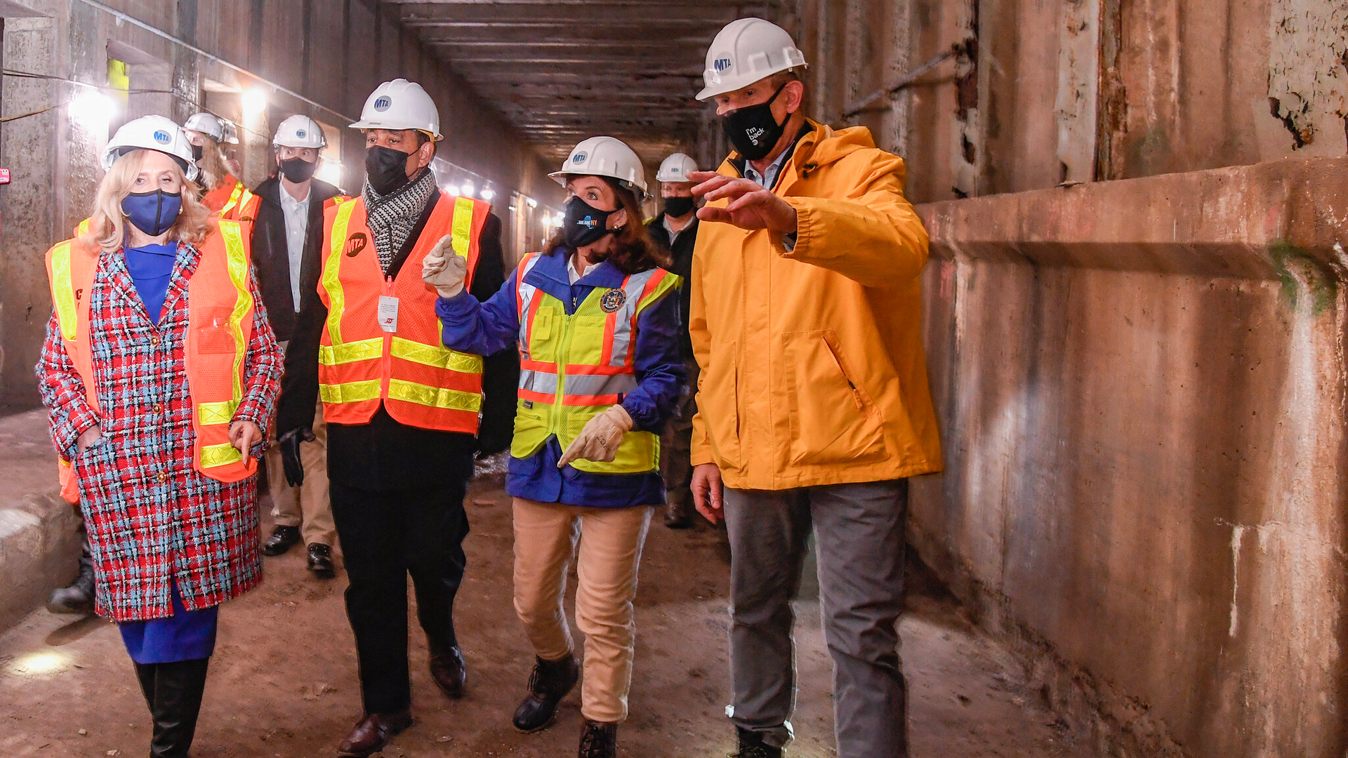 New York Gov. Kathy Hochul, second from right, MTA Acting Chair & CEO Janno Lieber, right, Rep. Adriano Espaillat, second from left, Rep. Carolyn Maloney, left, and Manhattan Borough President Gale Brewer tour the Second Avenue Subway Phase 2 tunnel in East Harlem between 110 St and 120 St on Tue., Nov. 23, 2021.