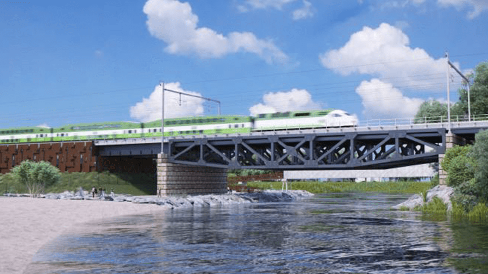 An electric powered GO train moves across a bridge, in this artist rendering. (Metrolinx image)