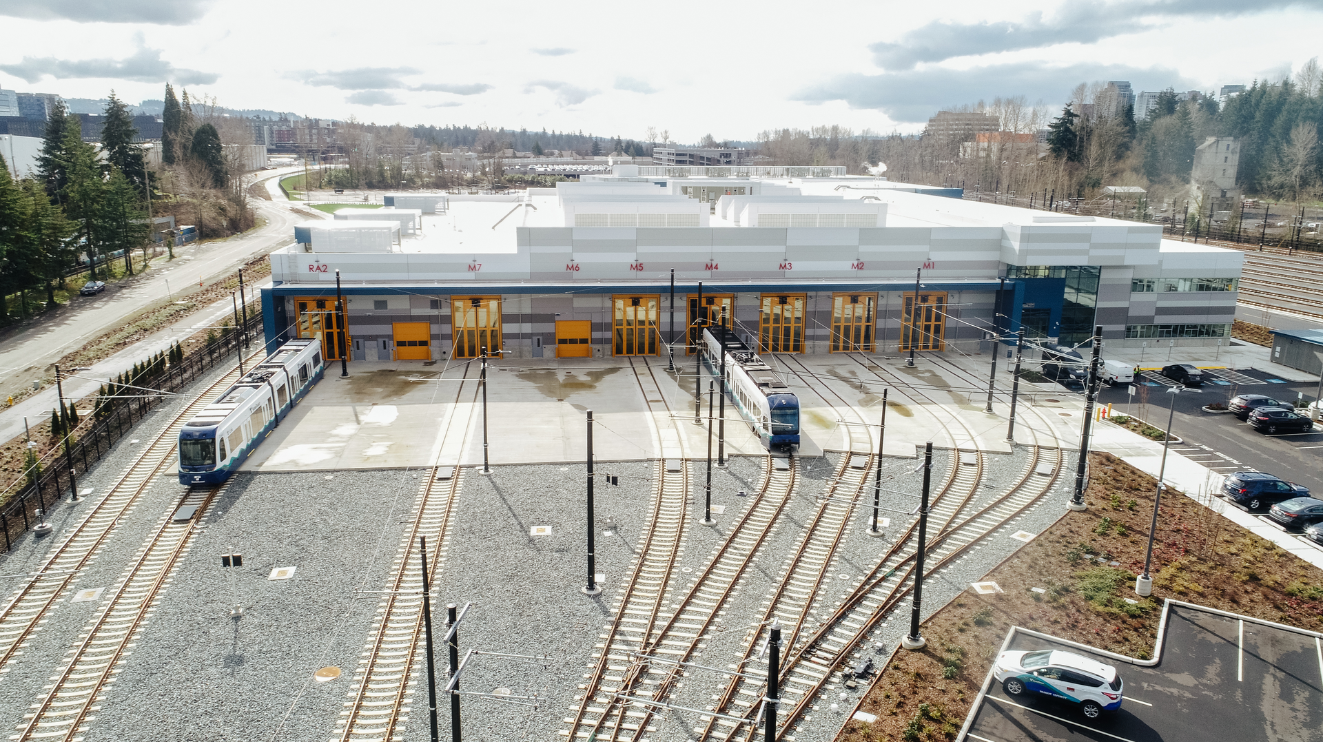 An aerial southern view of the Sound Transit Operations and Maintenance Facility East in Bellevue, WA
