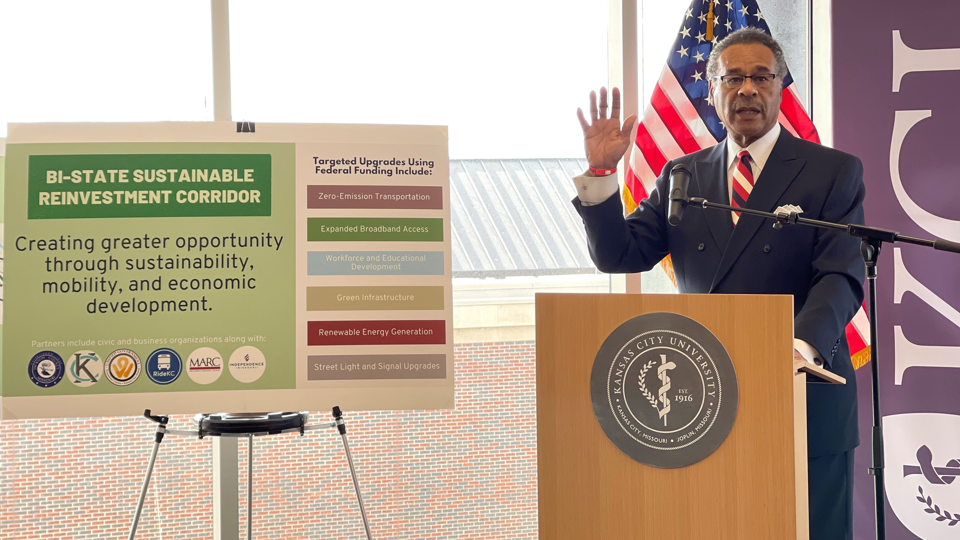 U.S. Rep. Emanuel Cleaver speaks at an event introducing the Bi-State Sustainable Reinvestment Corridor - a two state, 24-mile regional rapid transit corridor.