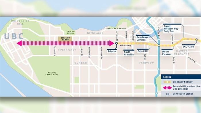 A map illustrating the proposed extension between the future Arbutus station and the UBC campus.