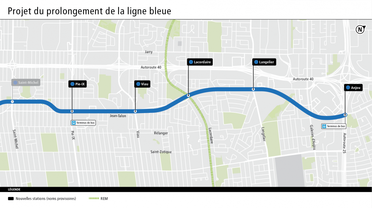 A map of the planned eastern extension of Montreal's Blue Line.