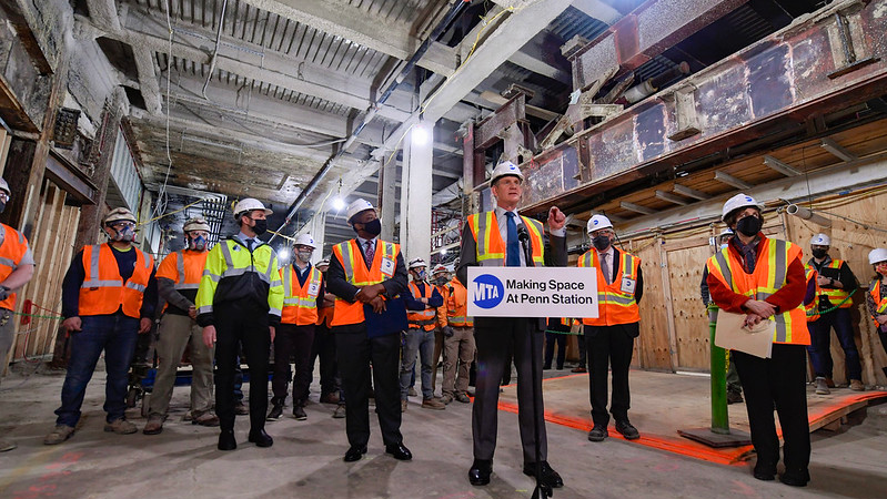 Lt. Governor Brian Benjamin, MTA Chair & CEO Janno Lieber, MTA Construction & Development President Jamie Torres-Springer, and Interim MTA Long Island Rail Road President Catherine Rinaldi in Penn Station on Tuesday, Mar. 8, 2022, where they announce the removals of original beams, known as &ldquo;head knockers,&rdquo; which will facilitate higher ceilings as part of the ongoing station redesign.