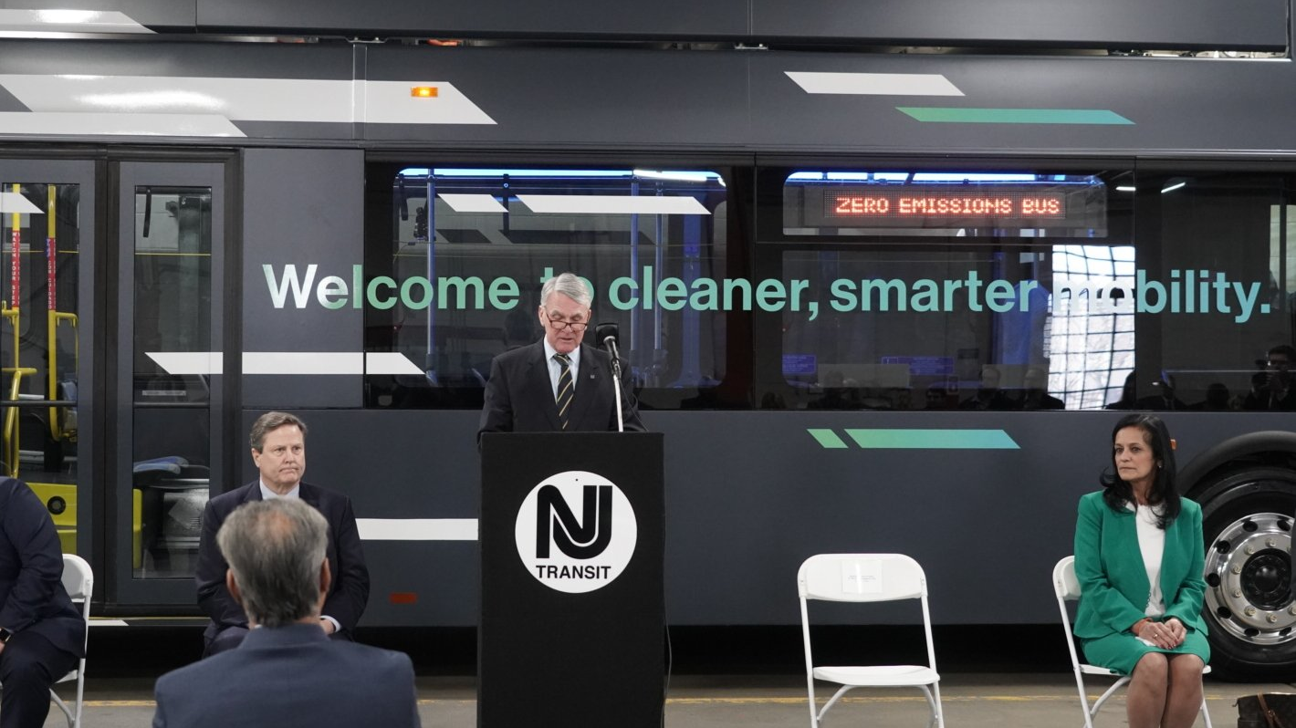 NJ Transit President and CEO Kevin Corbett speaks at an event marking the installation of eight electric vehicle chargers at its Newton Avenue Bus Garage to support the roll out of an initial eight electric buses this summer.