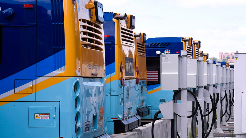 Electric bus charging stations at MTA's Michael J. Quill Bus Depot are seen in this 2021 image. MTA was one of 70 recipients of an FTA grant that will help fund a rehabilitation project at the depot.