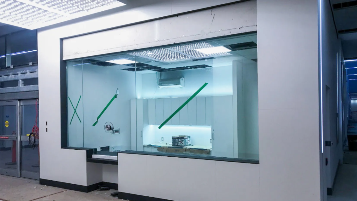 Tiling has been completed at the concourse ticket booth at Mount Dennis Station