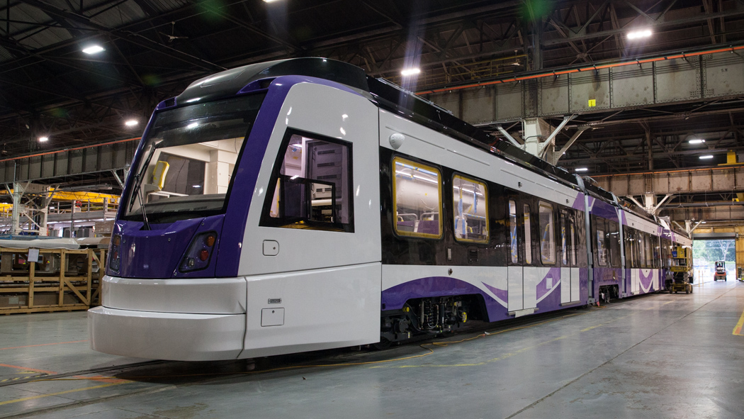The first vehicle assembled for the Purple Line is seen in this 2019 photo.
