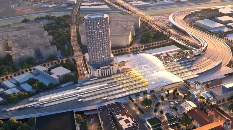 A rendering of an aerial view of the future Los Angeles Union Station. [image: HDR]