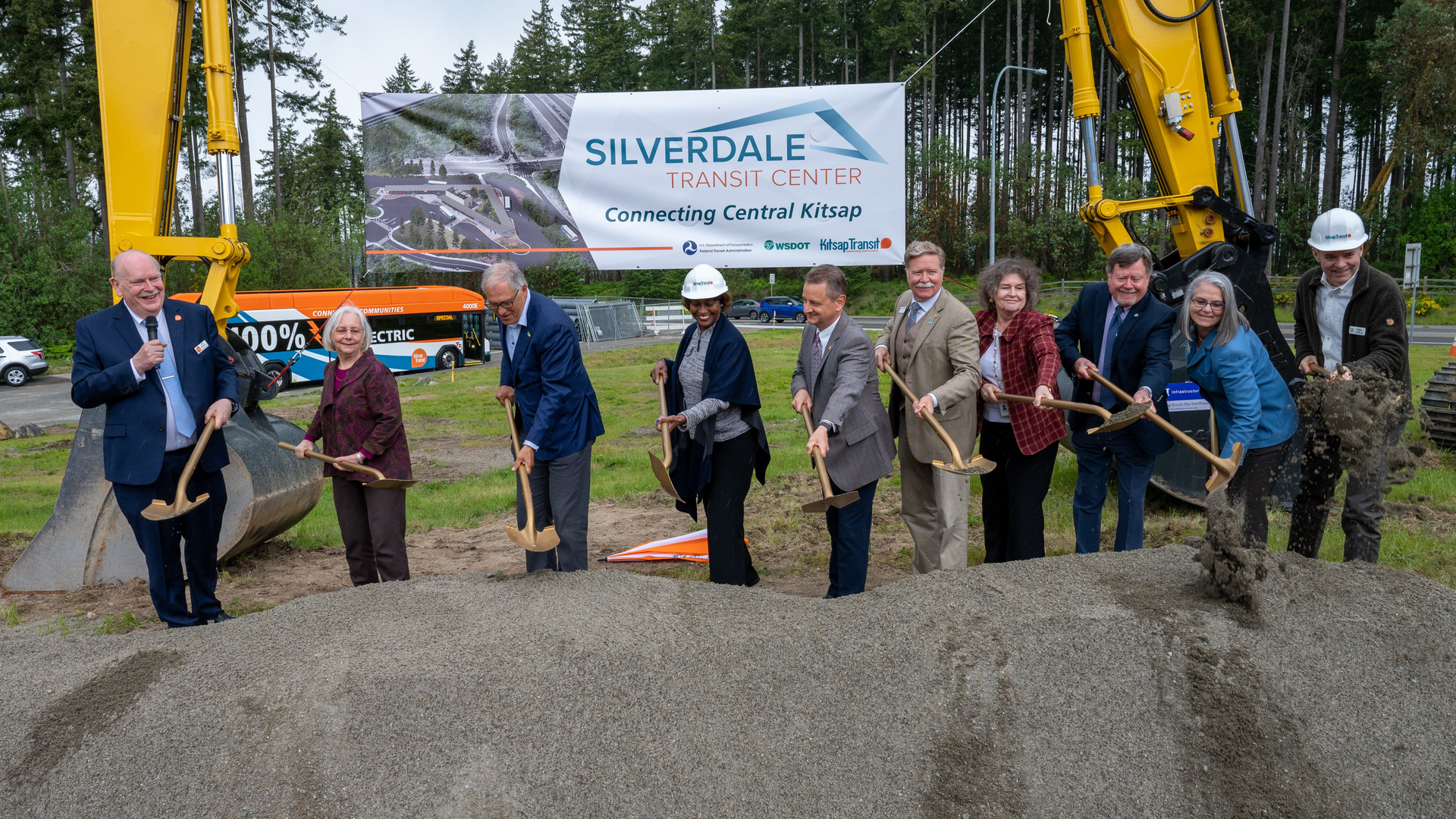 Kitsap Transit was joined by state and federal officials, including Gov. Jay Inslee (third from left) and FTA Administrator Nuria Fernandez (fourth from left), at a groundbreaking ceremony for the Silverdale Transit Center.
