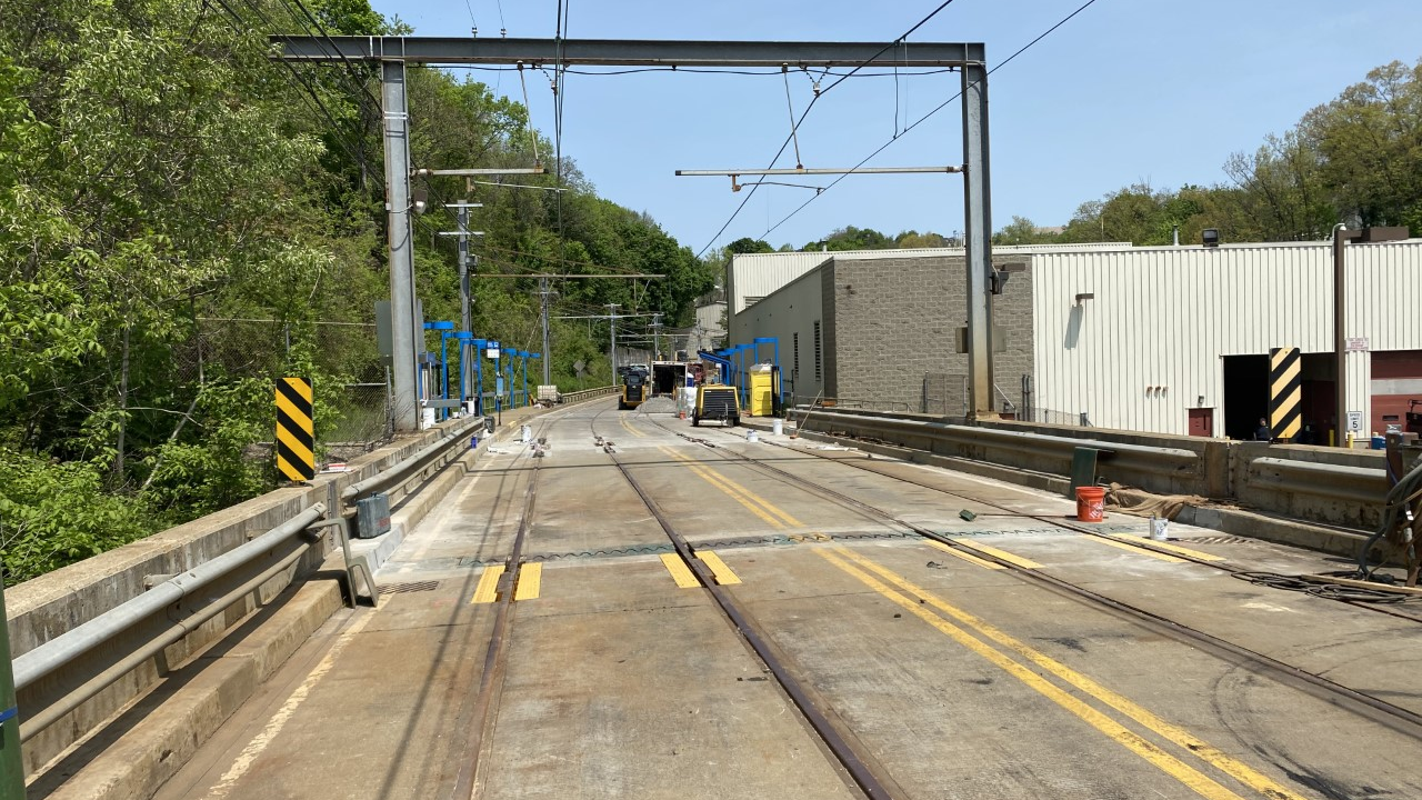 The Saw Mill Run Boulevard Bridge opened to bus traffic on May 14 and is expected to open to rail traffic at the end of the month following a 14-week closure. [Image credit: Port Authority of Allegheny County]