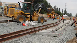 Installation of new light rail tracks is now 43 percent complete. Installation of new light rail tracks is now 43 percent complete.