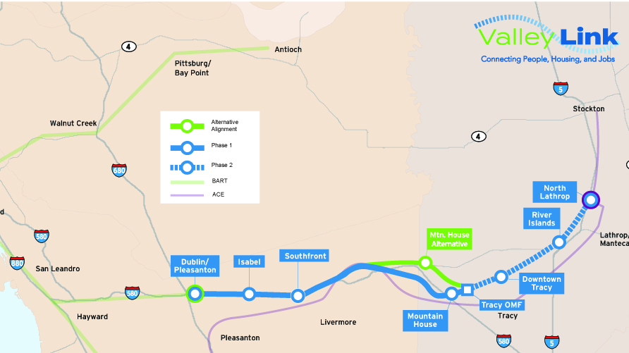 The proposed route of the full 42-mile Valley Link rail project.