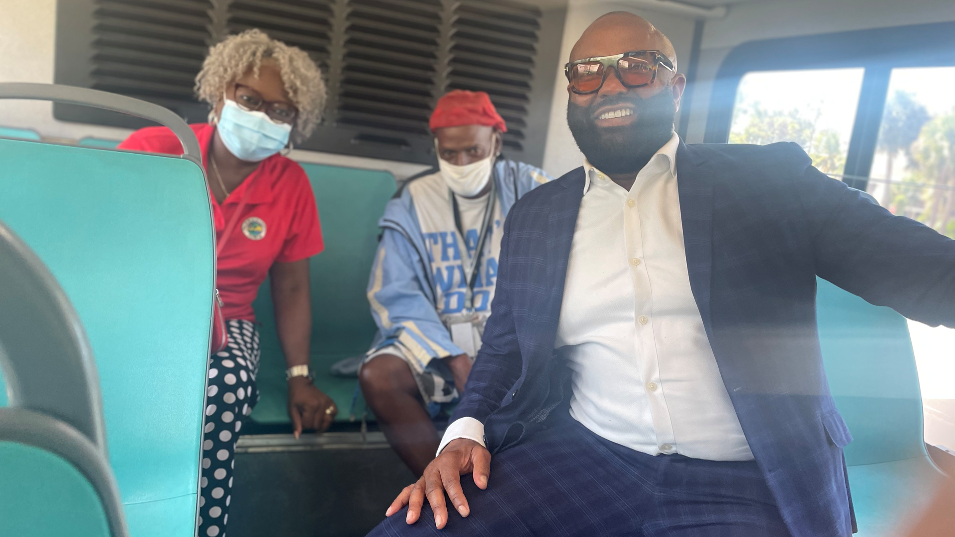 Left to right: County Administrator Verdenia C. Baker, Transit Ambassador Nicky Brown and Executive Director Clinton B. Forbes ride Palm Tran Route 1 to The Gardens Mall in Palm Beach Gardens.