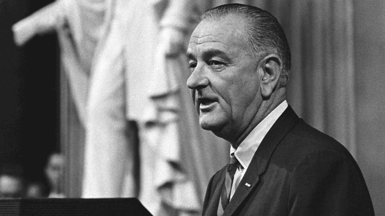 President Lyndon B. Johnson gives remarks inside the U.S. Capitol rotunda before signing the Voting Rights Act in August 1965.