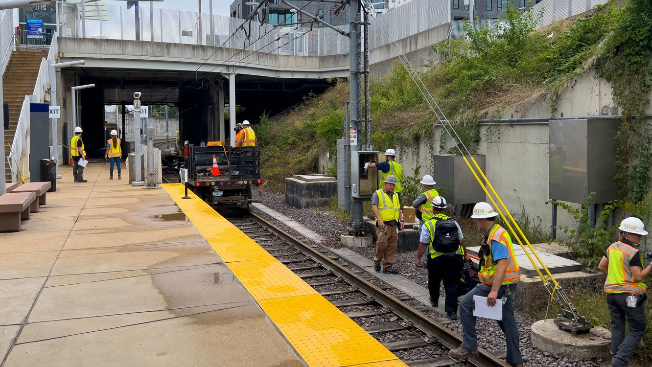 St. Louis Metro Transit crews working to repair track infrastructure shortly after the St. Louis area experienced historic rainfall at the end of July. Service was restored to MetroLink Red Line within 72 hours of the event and service on the full Blue Line will return Aug. 22.