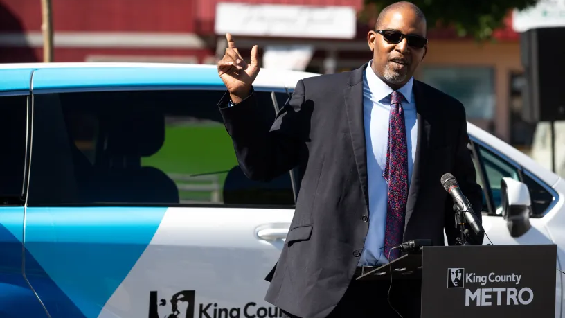 King County Metro General Manager for Strategy and Partnerships De&rsquo;Sean Quinn speaks at an event announcing an extrension to the Via to Transit program at the Skyway King County Library in Seattle, Washington on Aug. 10, 2021.