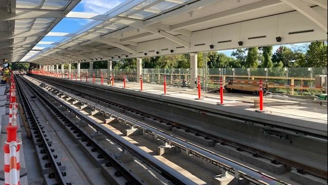 The east platform of the Potomac Yard Station; riders will not be able to use the station until 2023 due to underlying soil conditions discovered during tie-in and systems integration work.