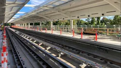 The east platform of the Potomac Yard Station; riders will not be able to use the station until 2023 due to underlying soil conditions discovered during tie-in and systems integration work. The east platform of the Potomac Yard Station; riders will not be able to use the station until 2023 due to underlying soil conditions discovered during tie-in and systems integration work.