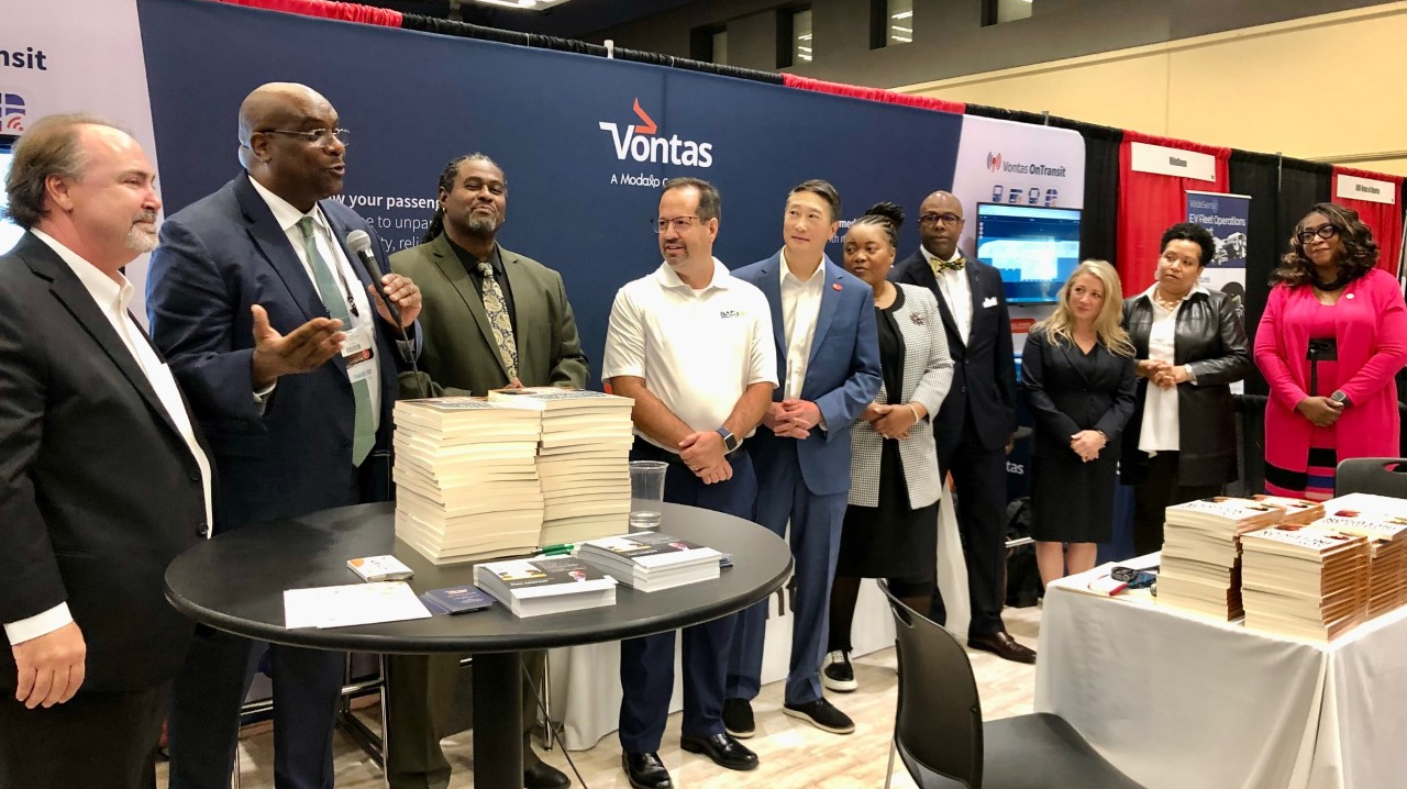 Alex Wiggins with New Orleans RTA (with microphone) speaks along side several fellow contributors to 'Conversations on Equity and Inclusion in Public Transportation.'