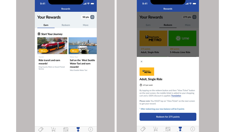 Screen shots showing King County Metro's Transit GO Rewards platform.