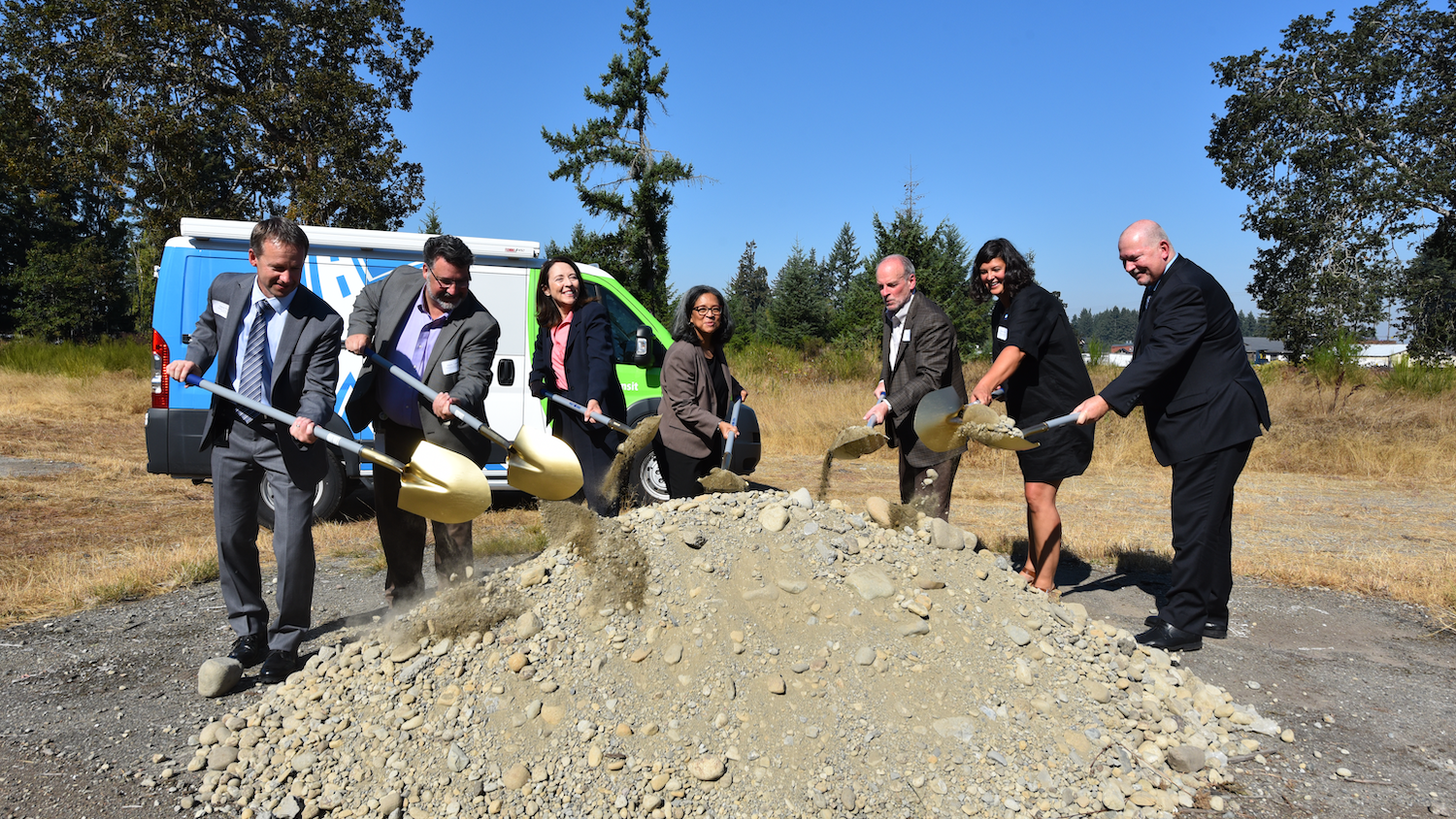 Pictured left to right: WSDOT Regional Administrator Steve Roark; Pierce Transit Board Chair Marty Campbell; US Senator Maria Cantwell; US Representative Marilyn Strickland; WA State Representative Jake Fey; Pierce Transit Board Co-Chair Kristina Walker; Pierce Transit CEO Mike Griffus.