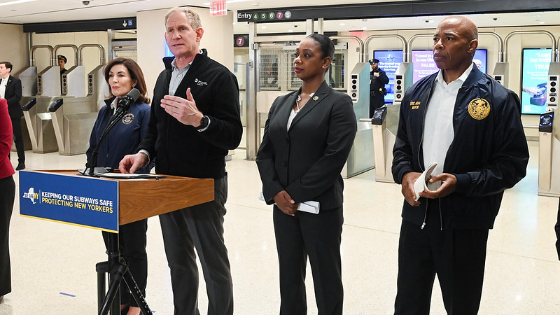 Left to right: New York Gov. Kathy Hochul, MTA Chair & CEO Janno Lieber, Police Commissioner Keechant Sewell and New York City Mayor Eric Adams at Grand Central-42 St on Oct. 22 to announce new initiatives in subway safety and security.