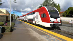 A rendering of an electric Caltrain. A rendering of an electric Caltrain.