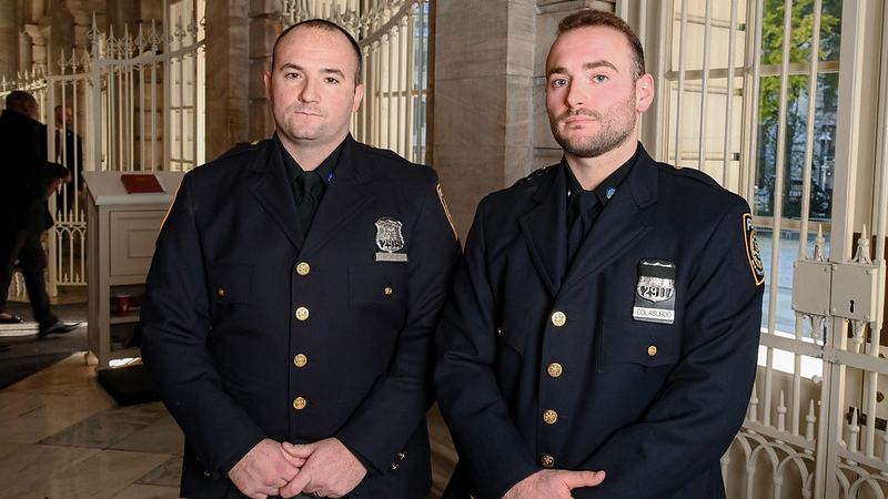 MTA Officers Ryan Fackner (left) and Conor Colasurdo (right) were honored at City Hall in New York City on Nov. 21 for their efforts arresting two suspects affiliated with a potential attack against the city's Jewish community.