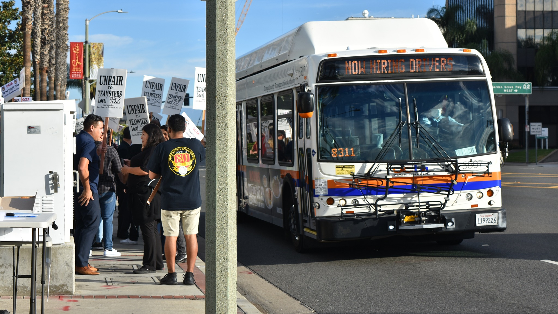 Teamsters Local 952 held a rally Oct. 20 outside OCTA headquarters during negotiations. The union's machinists, mechanics and service workers employed by OCTA have gone on strike after labor negotiations failed.