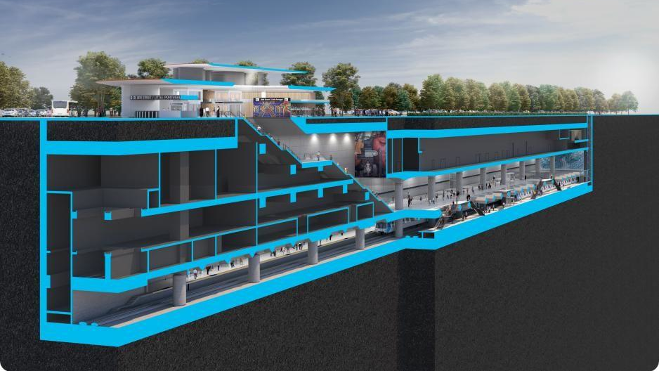 An artistic rendering showing a cross section of the 28th Street/Little Portugal station to be built as part of the BART Silicon Valley Phase II.